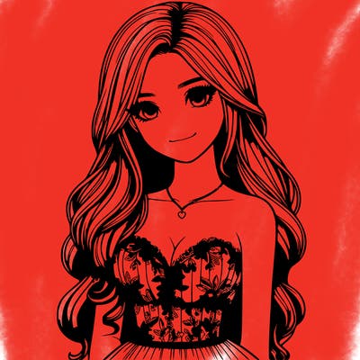 realistic girl with long hair and pretty prom dress