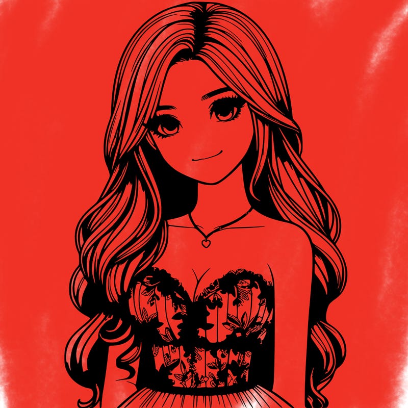 realistic girl with long hair and pretty prom dress