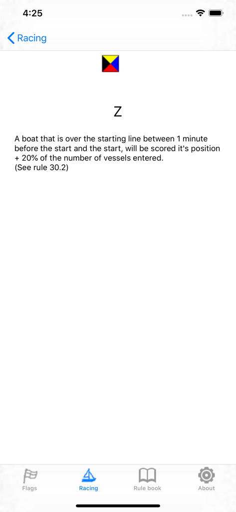 iRegatta Flags - Bandiera di segnale marittimo Z e la sua corrispondente spiegazione della regola di regata velica.