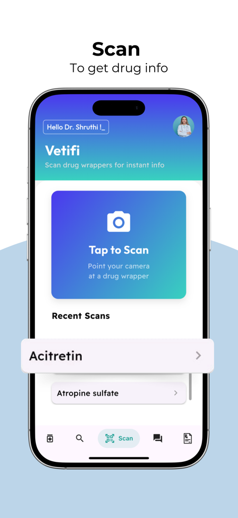 Vetifi - Vetifi app interface showing the drug wrapper scanning feature for veterinarians