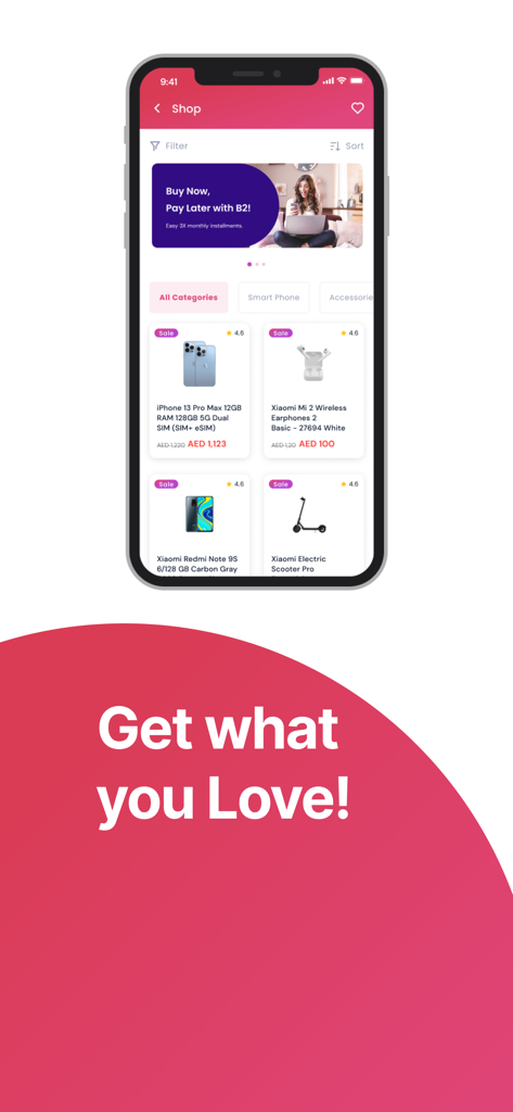 B2Connect app shop interface showing electronic products with a buy now pay later banner