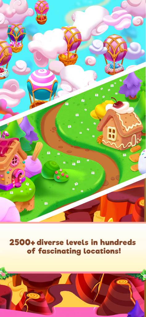 Candy Riddles: Match 3 Puzzle - A showcase of colorful game worlds in Candy Riddles including candy clouds gingerbread houses and lava canyons