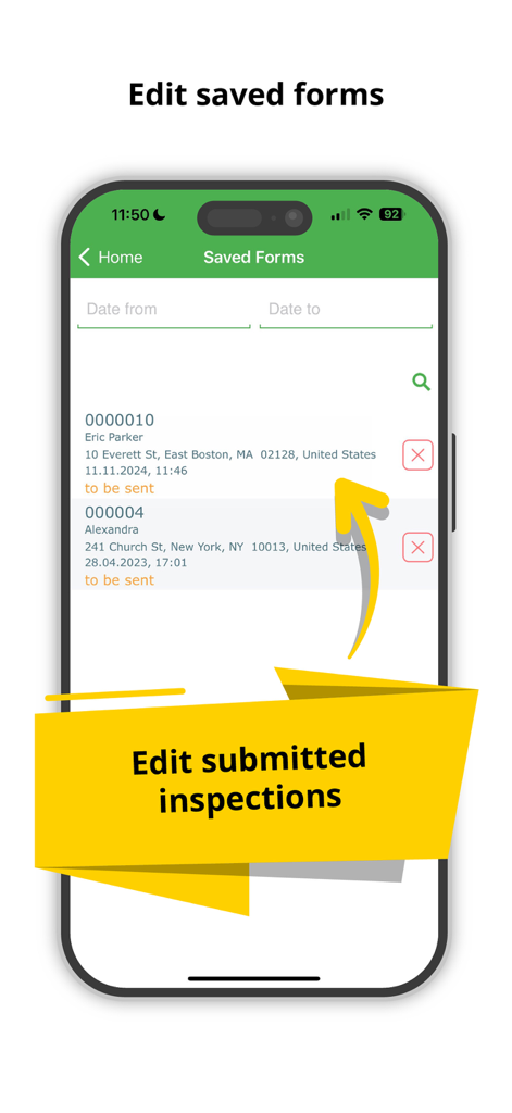 Roof Inspection - Interface of the Roof Inspection mobile app showing the Saved Forms screen where users can view and edit submitted inspection reports.