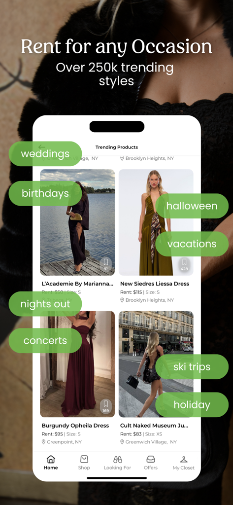 Pickle | Rent & Lend Fashion - Interfaccia dell'app Pickle che mostra articoli di moda a noleggio per varie occasioni come matrimoni e compleanni