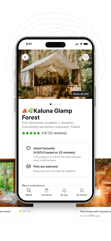 AlohaCamp mobile app showing a luxury forest glamping tent listing