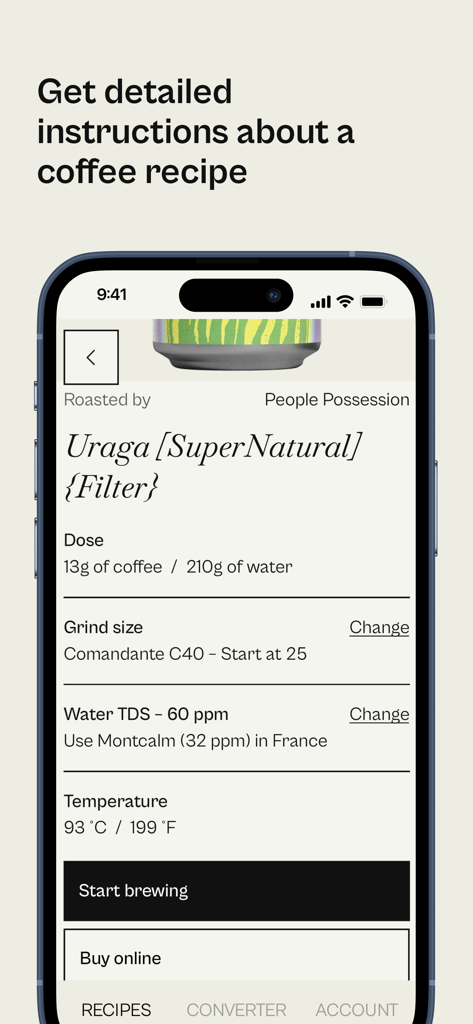 beean: brew your coffee right - Receta detallada de preparación de café con tamaño de molienda y ajustes de dosis.