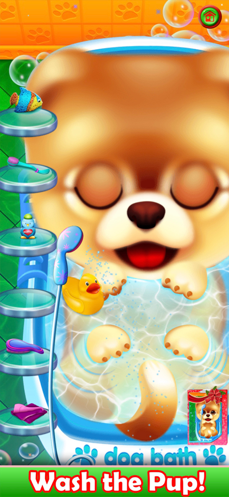 Pet Puppy Nursery Time - Um filhote de Pomerânia fofo tomando banho com bolhas e brinquedos em um jogo de simulação de cuidados com animais.