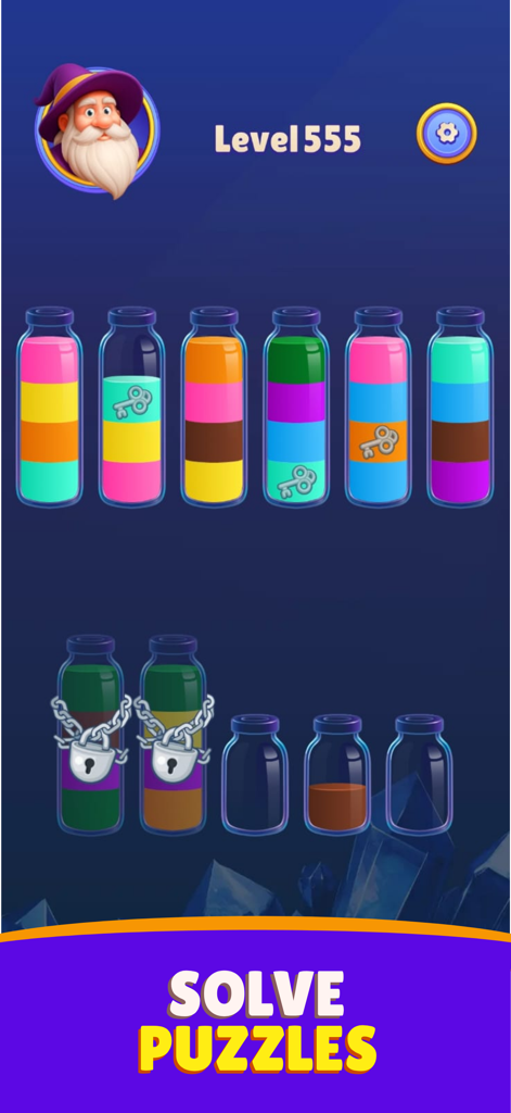 Magic Sort: Water Sort Puzzle - Gameplay-Bildschirm von Magic Sort Wasserrätsel mit bunten Zaubertrankflaschen und Wizard George