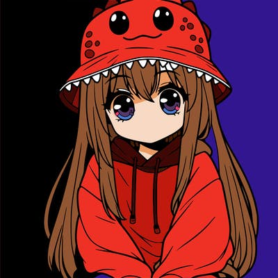 girl with anime shaped eyes with a dinosaur bucket hat oversized sweatshirt long straight hair