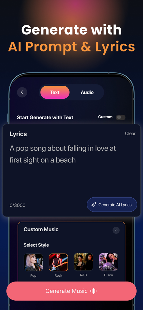 Suno AI: Instant Song Maker - テキストプロンプトと音楽スタイルの選択を使用して曲を生成するためのSuno AIアプリのインターフェース