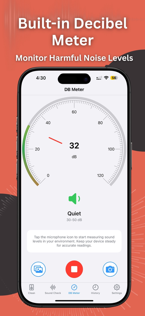 Speaker Cleaner ‒ Clear Wave - Interfaz de la aplicación Limpiador de Altavoces mostrando el medidor de decibelios incorporado para monitorear los niveles de ruido