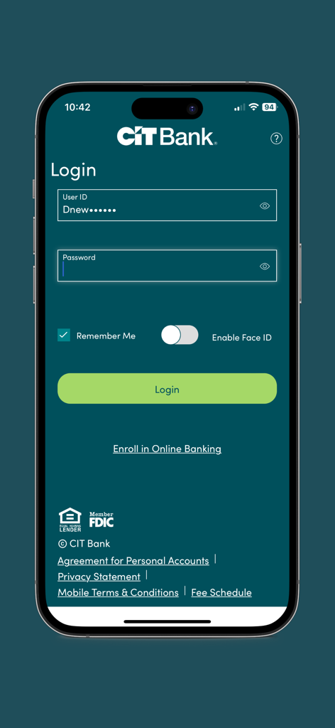 Login screen of the CIT Bank mobile app showing user ID and password fields with biometric sign in option