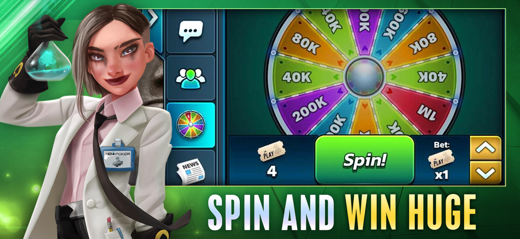 HD Poker: Texas Holdem - A female avatar character standing next to a colorful prize wheel with various chip amounts in the HD Poker Texas Holdem game