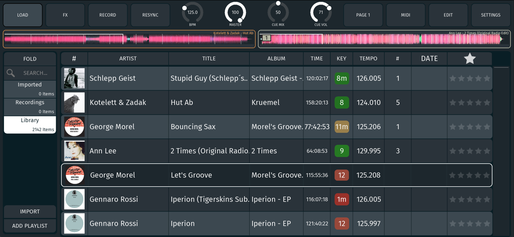 soda dj app - Interfaz de la aplicación soda dj mostrando la lista de pistas de la biblioteca de música con formas de onda y controles profesionales