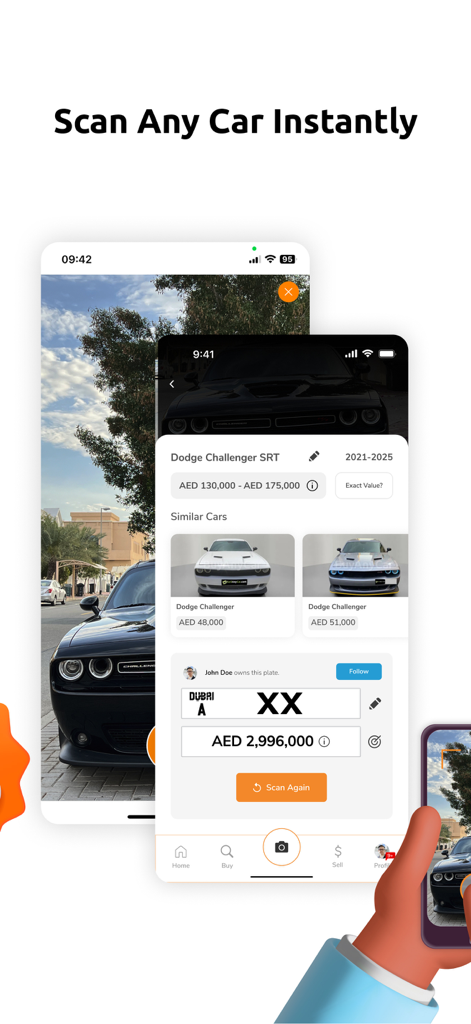 BuyAnyCar - Mobile screen of the BuyAnyCar app showing a car scan feature that provides an instant price valuation for a Dodge Challenger and its number plate.