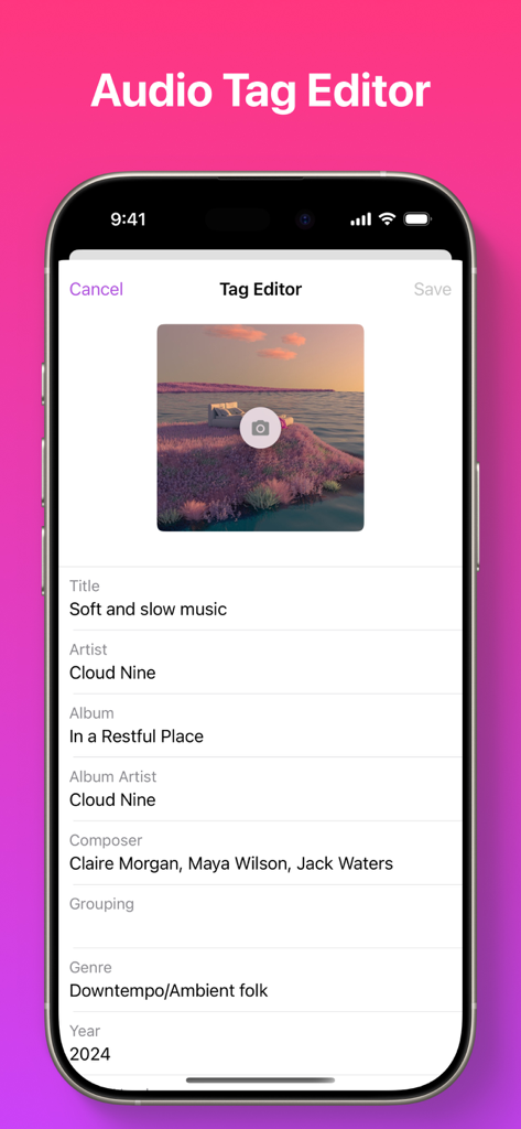 Interfaccia dell'editor di tag audio nell'app Mix che mostra i campi dei metadati del brano come Titolo Artista e Album