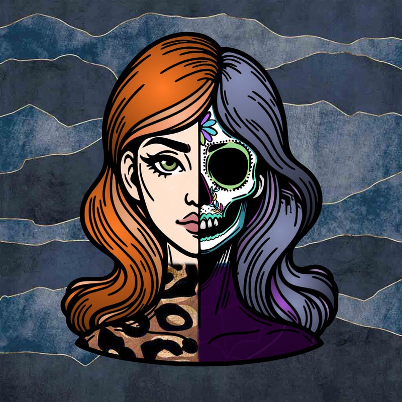 bust of a woman, half face and hair, half skull