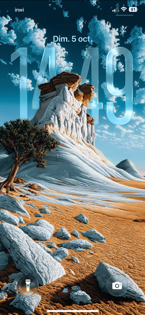 wallpaper 26 4k - Aperçu de l'écran de verrouillage de l'iPhone présentant un fond d'écran de paysage désertique haute résolution 4K avec une horloge numérique stylisée