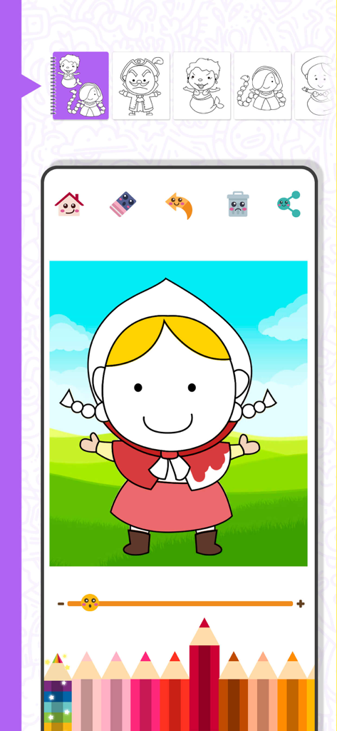 Coloring book and learn - La interfaz de un libro para colorear digital para niños, con un personaje para pintar y una fila de lápices de colores.