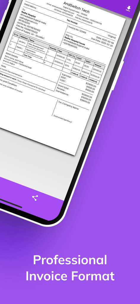 GST計算を含むプロフェッショナルな税金請求書テンプレートがモバイル画面に表示されています