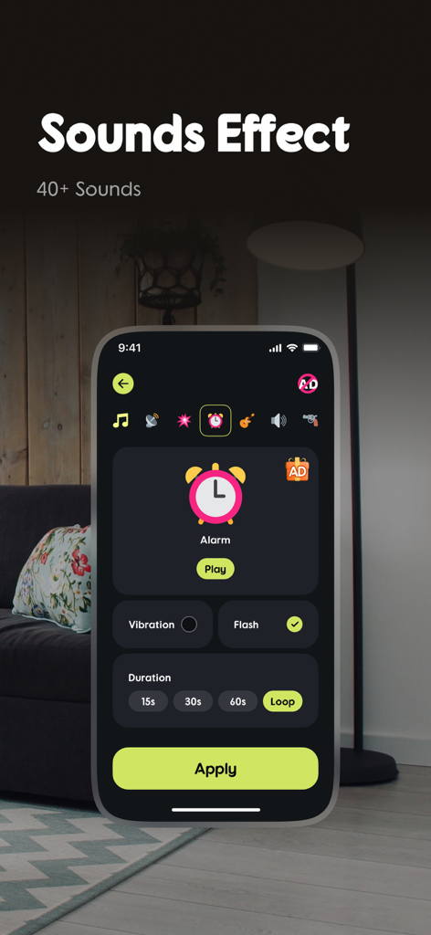 Clap to Find My Phone & Finder - Interfaz de la aplicación Clap to Find My Phone que muestra varias opciones de efectos de sonido y configuraciones de alarma
