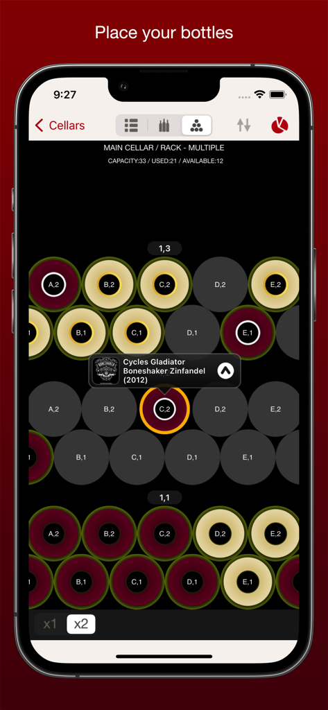 Graphical representation of a wine cellar rack showing bottle placement and availability in the VinoCell app