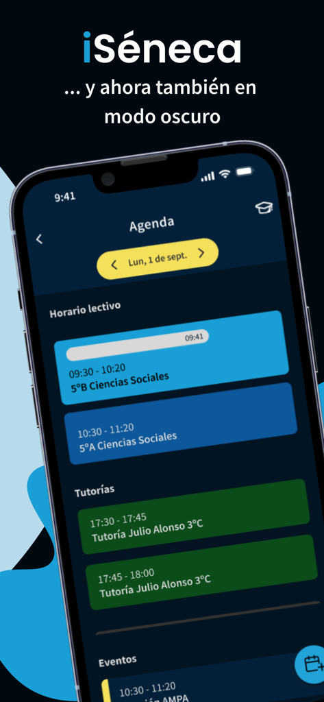 Interface da aplicação iSéneca mostrando a agenda e o horário do professor em modo escuro