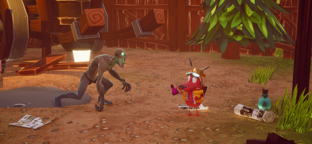 Um cachorro de desenho animado vermelho enfrenta um monstro zumbi assustador em um quintal assustador do Scary Dog Horror Courage Game.