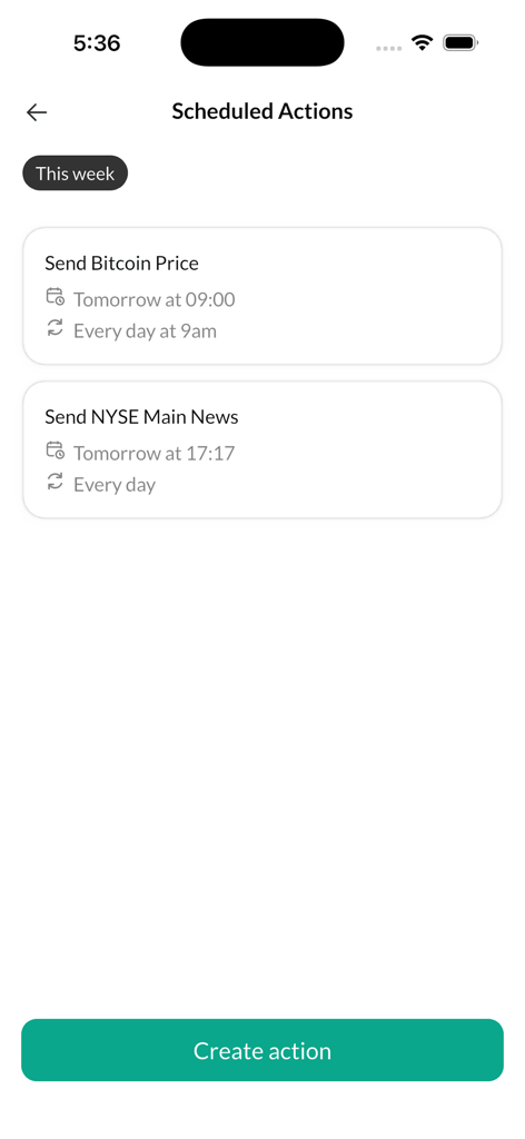 Zapia AI - Personal Assistant - Interfaz de la aplicación Zapia AI que muestra acciones programadas para precios diarios de Bitcoin y actualizaciones de noticias de la Bolsa de Nueva York.