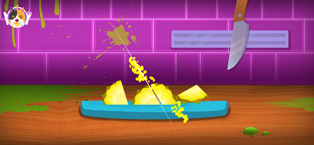 Eine Kochspielszene, in der ein Spieler eine frische Ananas auf einem Holztisch in Stücke schneidet.