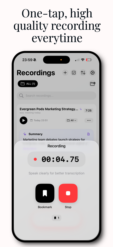 Transcription AI : Voice Notes - Transcription AI app interface showing a voice recording session in progress