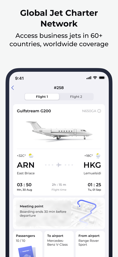 Mirai Flights - Interface of Mirai Flights app showing a private jet booking with flight details and luxury ground transportation options