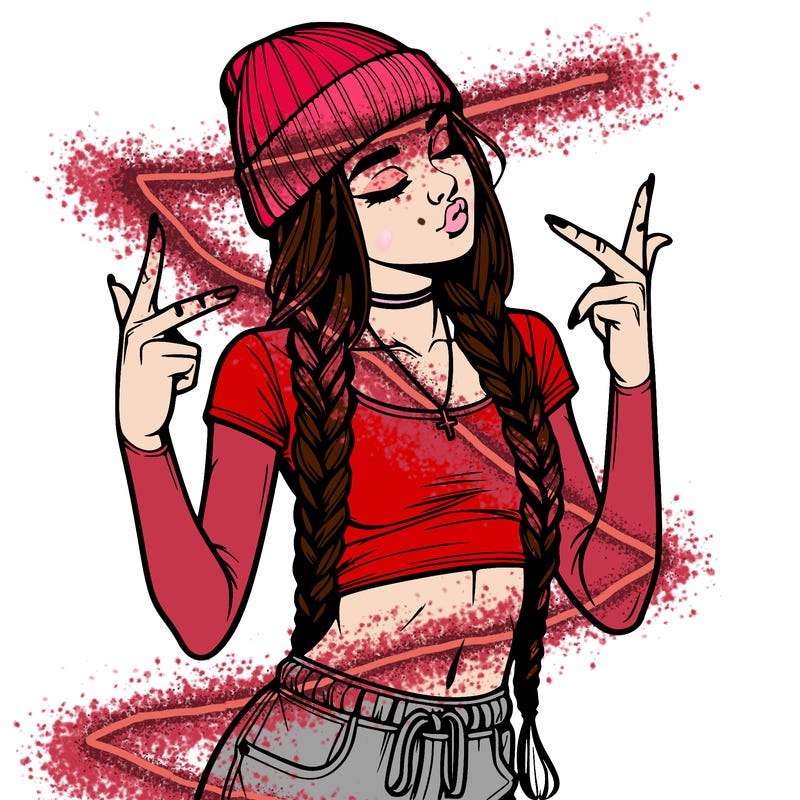 realistic teenage girl with braids and a beanie and crop top doing 🫶🏼