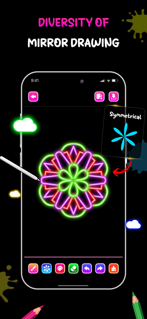 A colorful neon symmetrical mirror drawing on a mobile phone screen