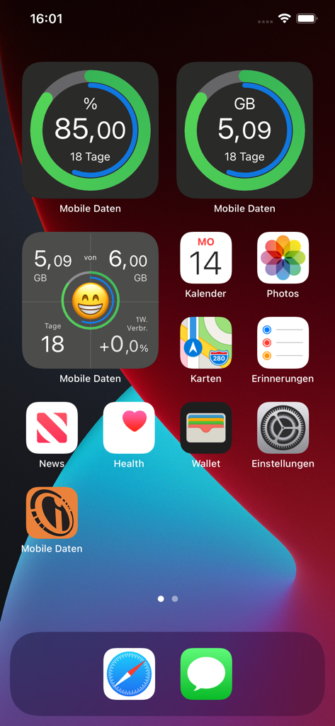iPhone home screen displaying various mobile data tracking widgets with usage rings and a smiley face forecast