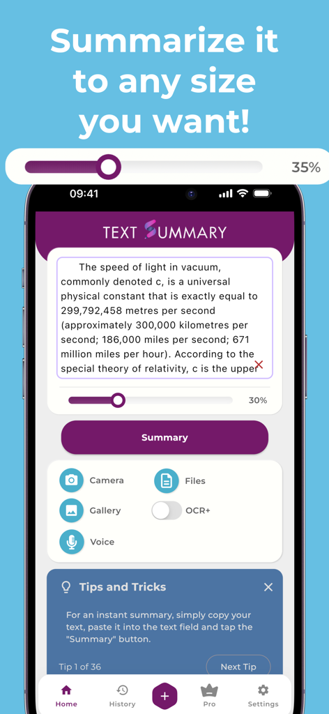 Summary AI: TLDR Summarizer - Screen of Summary AI app showing a text box and sliders to adjust the summary length