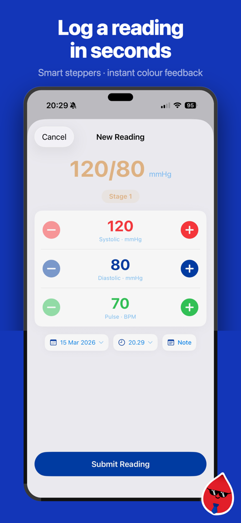 BP Tracker - Blood Pressure - Interface of the BP Tracker app showing a new reading entry with large color coded buttons for systolic diastolic and pulse values