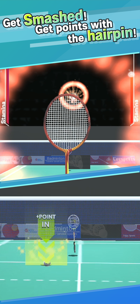 Badminton 3Ｄ - Gameplay screenshot of Badminton 3D showing a first-person view of hitting a smash and scoring a point on the court.