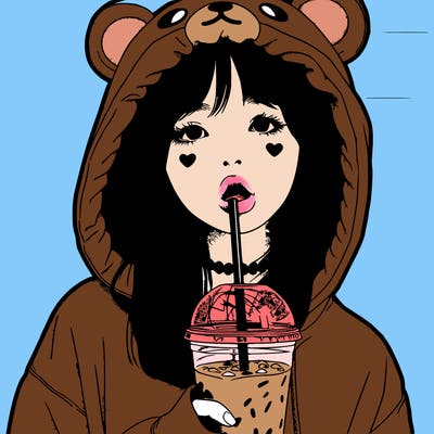 realistic girl with mouth in a bear hoody drinking boba