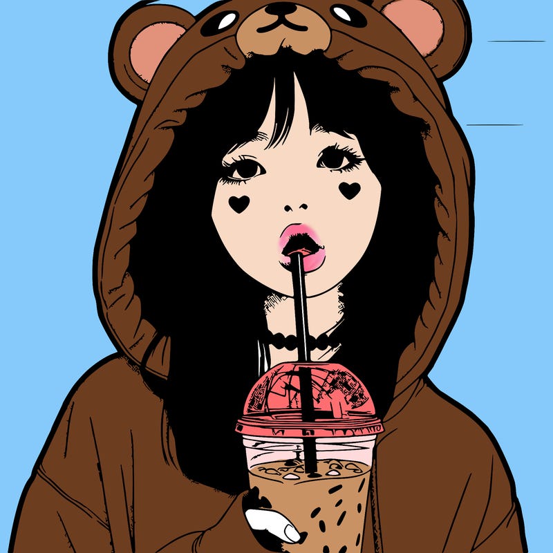 realistic girl with mouth in a bear hoody drinking boba