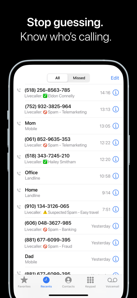 Livecaller: Live Caller ID - Lista de llamadas recientes de iPhone con nombres y alertas de spam identificadas por Livecaller