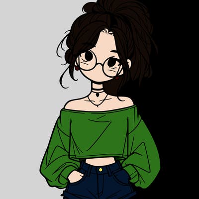 girl with a messy ponytail glasses a baggy crop top and jean shorts