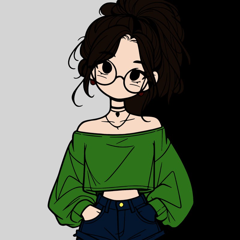 girl with a messy ponytail glasses a baggy crop top and jean shorts