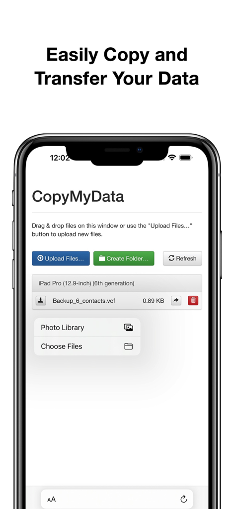 Copy My Data - Pantalla de smartphone que muestra la interfaz de la aplicación Copy My Data para transferir archivos y contactos