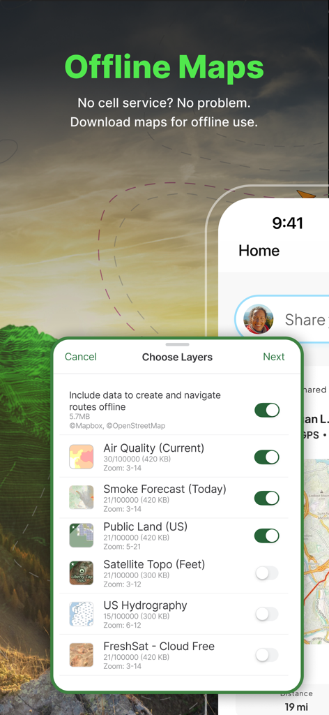 Gaia GPS app interface for selecting and downloading map layers for offline navigation