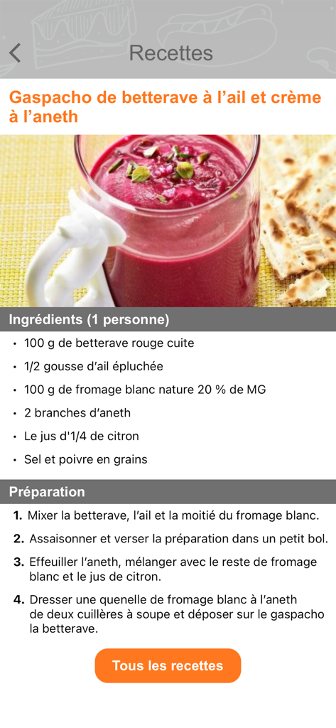 Méthode Cohen - Page de recette du gaspacho de betteraves à la crème d'ail et d'aneth dans l'application mobile Methode Cohen