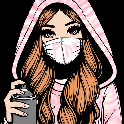 girl wearing a mask with long hair with her hood up spray-painting realistic