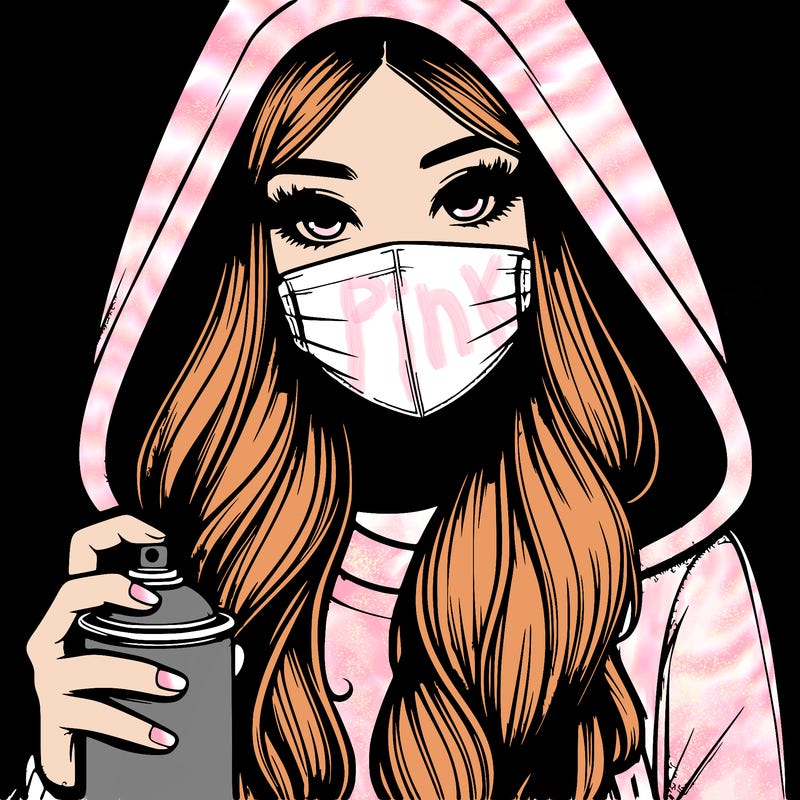 girl wearing a mask with long hair with her hood up spray-painting realistic