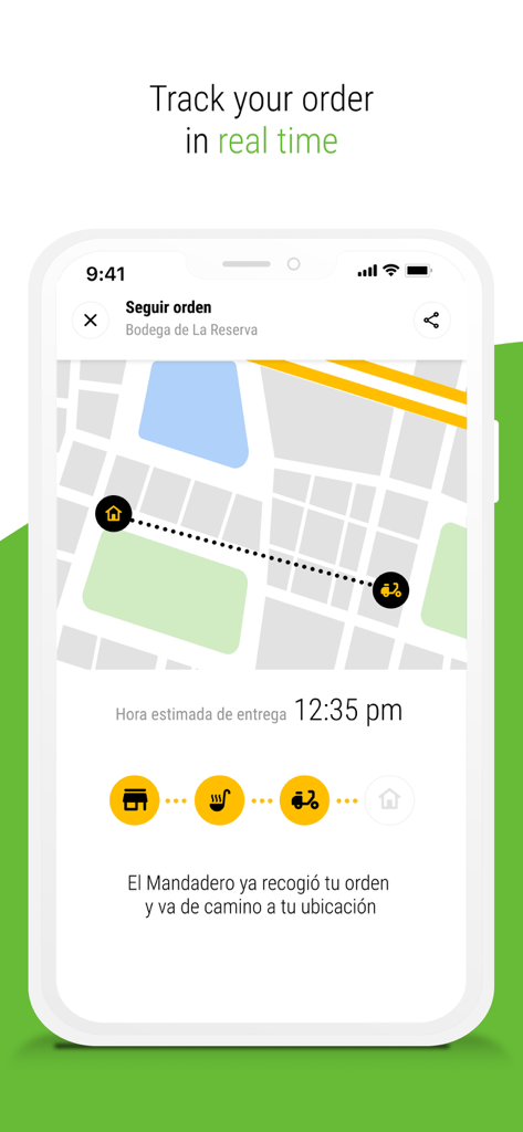 Mandao app screen for tracking an order in real-time with a map and delivery progress.