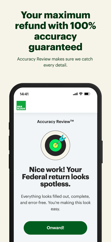 H&R Block app screen showing a successful Accuracy Review for a federal tax return with a bullseye icon.